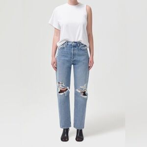Agolde 90’s Distressed Mid Rise Loose Fit 100% Organic Cotton Straight Leg Jeans